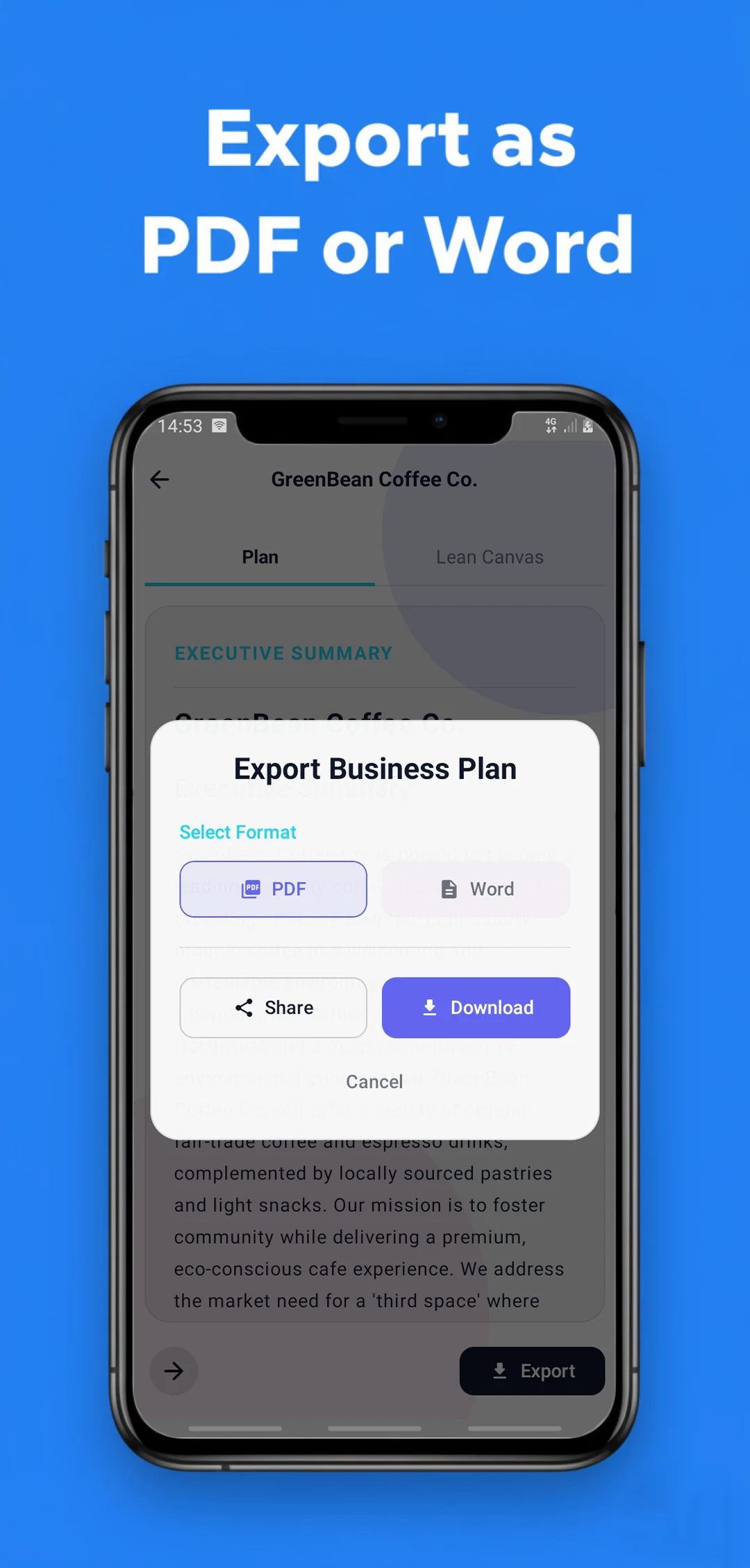AI Business Plan & Lean Canvas screenshot