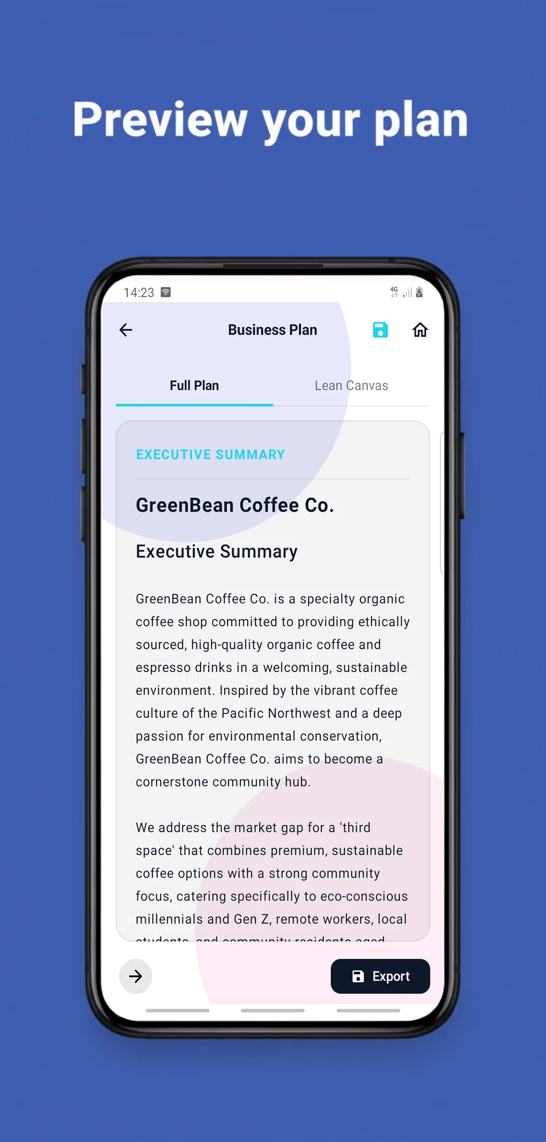 AI Business Plan & Lean Canvas screenshot