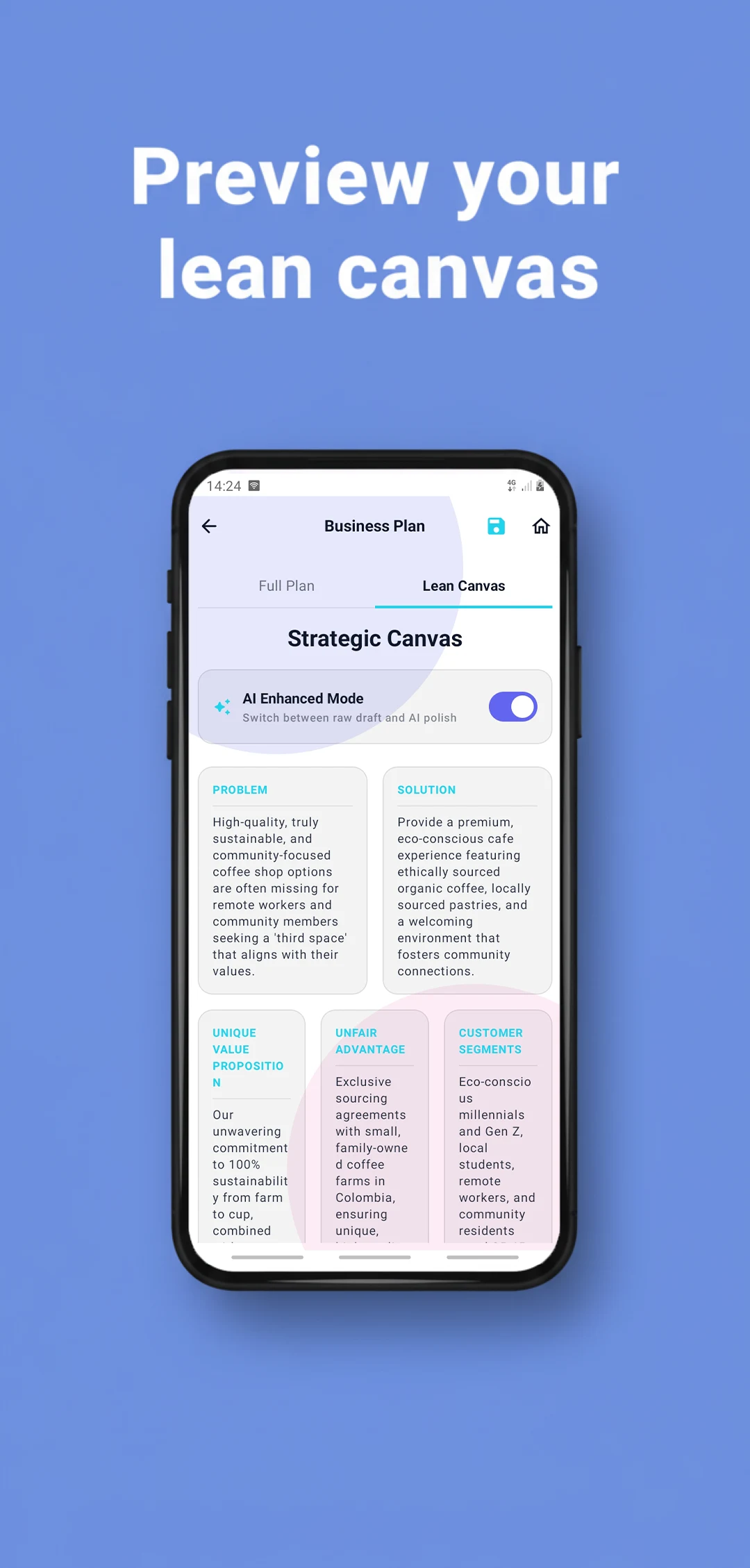 AI Business Plan & Lean Canvas screenshot